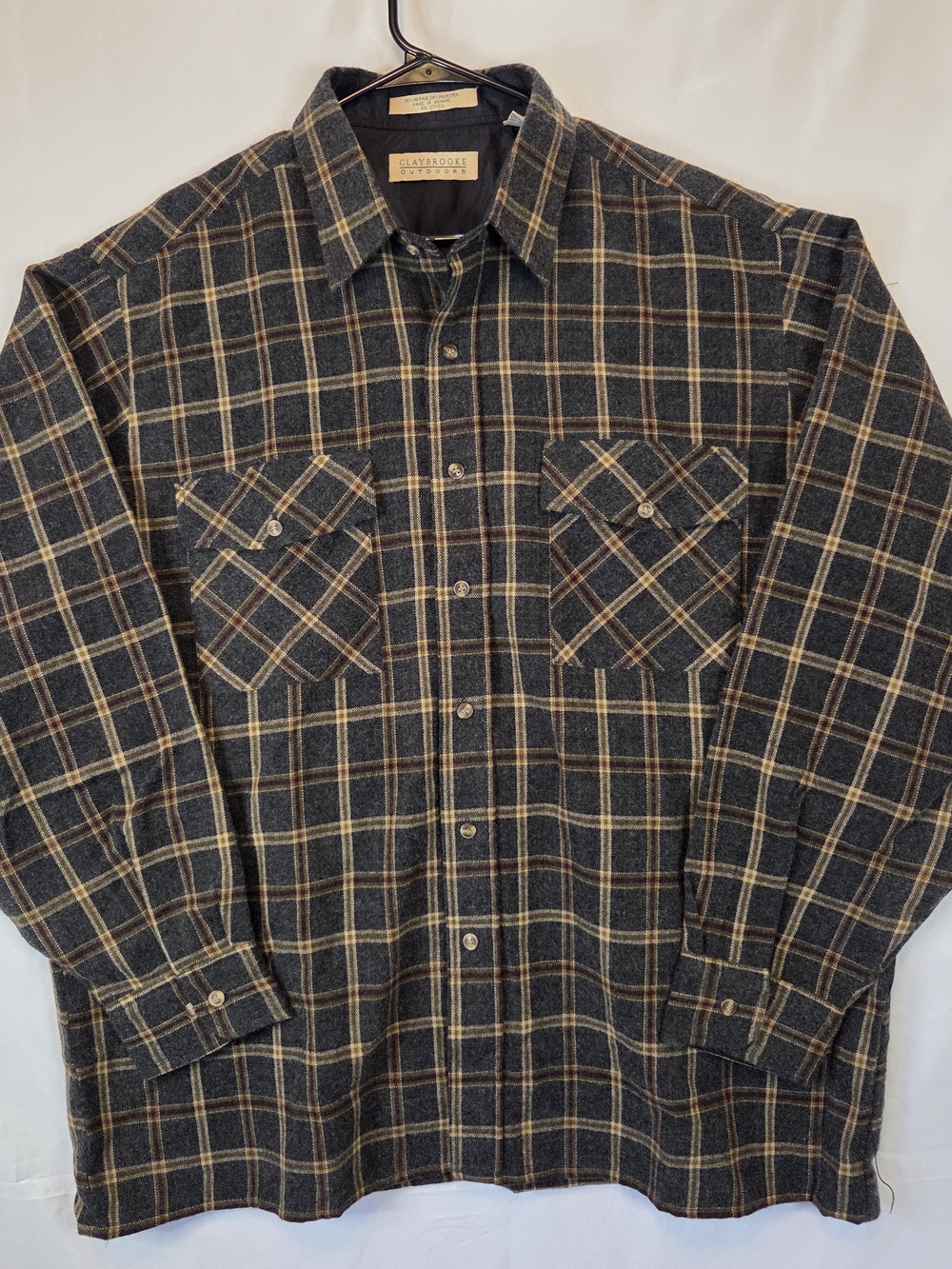 Vtg Claybrooke Outdoors Plaid Acrylic Flannel Long Sleeve Shirt Charcoal Tan XL